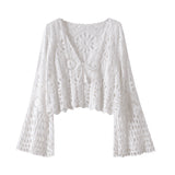 outfit inspo Bohemian Ethnic Style Hollow-out Crocheted Thin Long-Sleeved Knitted Cardigan Women's Summer Lace-up Top   