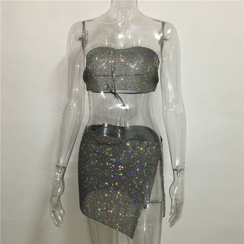 dti outfits Fashion Nightclub Women's Personalized Rhinestone Metal Tube Top Skirt Suit Hot Girl Flash Diamond Top