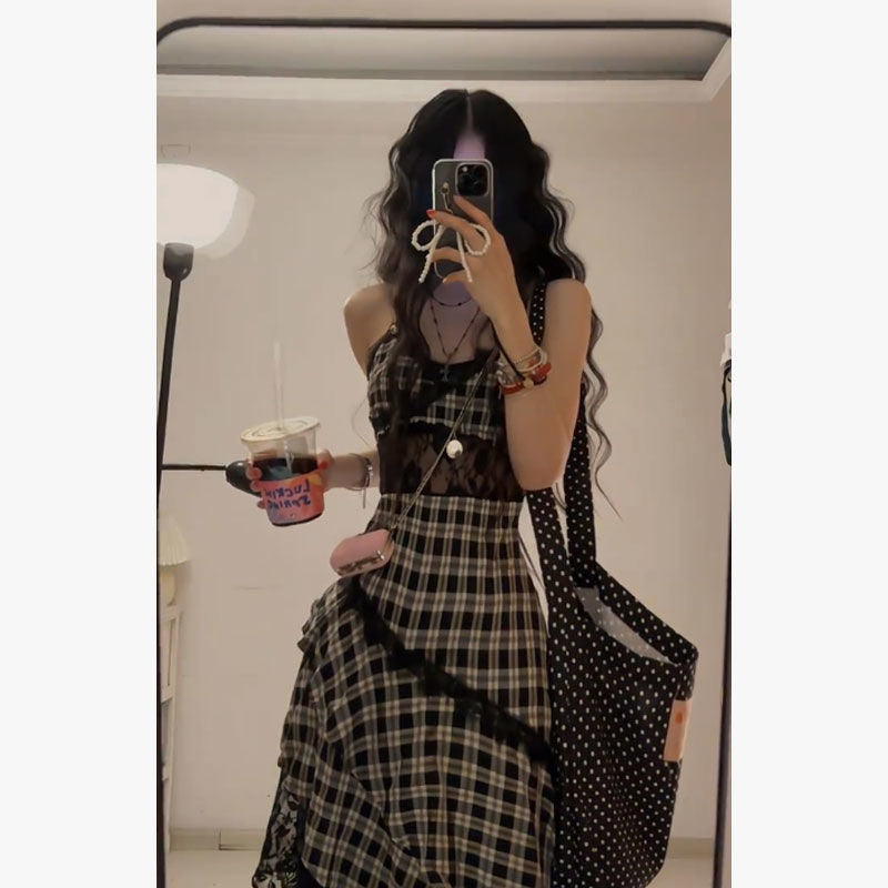 urban legends dress to impress Black and White Plaid Lace Stitching Dress Irregular Strap Dress Women's Summer Jeans Stacked Hot Girl Skirt