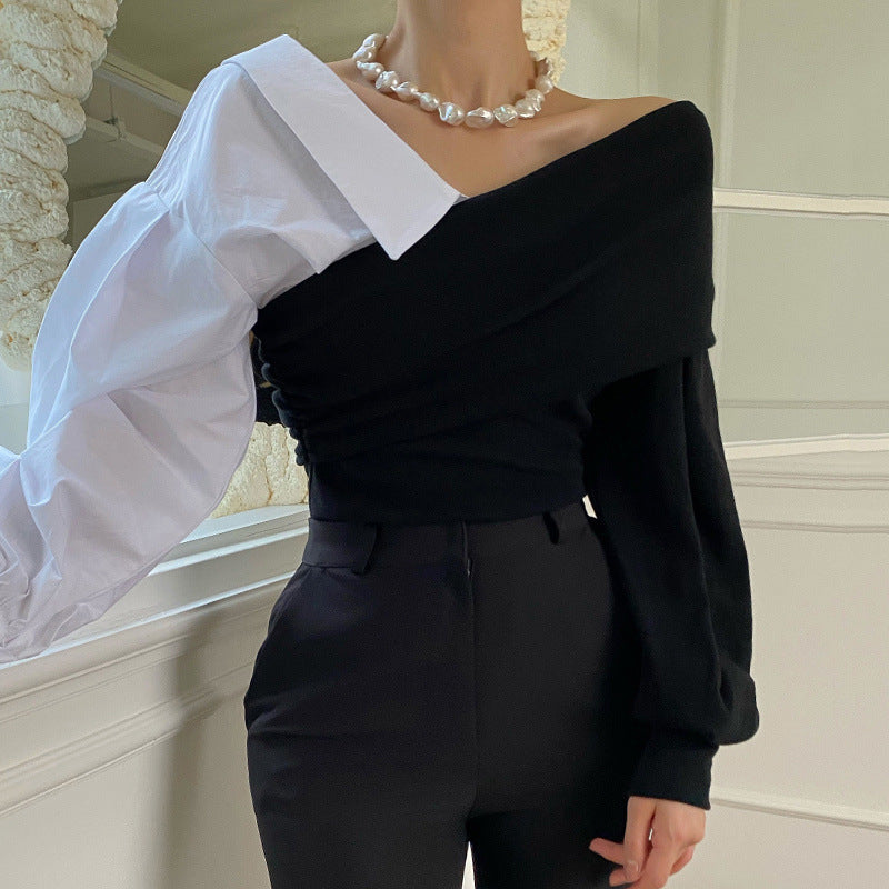 fashion inspo Chicv Collar off-the-Shoulder Contrast Color Stitching Puff Sleeve Top Women's Fashionable Shirt for Autumn and Winter 2024