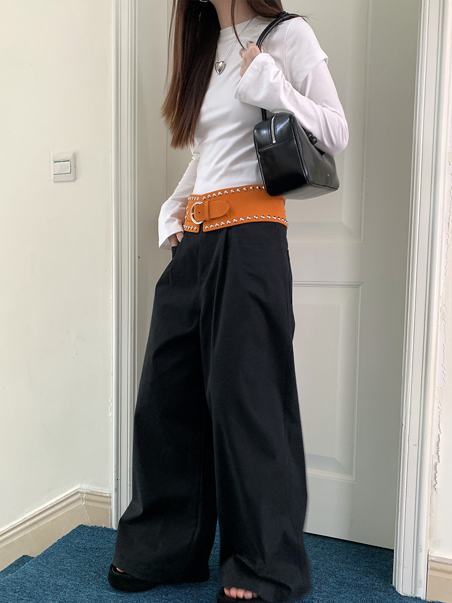 suede jacket outfit   Fish Fashionable Retro High Street Suit Pants Loose Wide Leg Lazy Solid Color Straight Casual Pants  