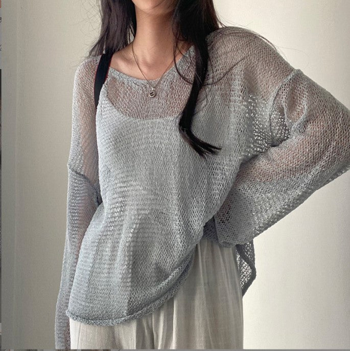 church outfit Chic Summer French Retro Lazy Style Loose Long Sleeve Hollow Thin Knitted Blouse Top for Women