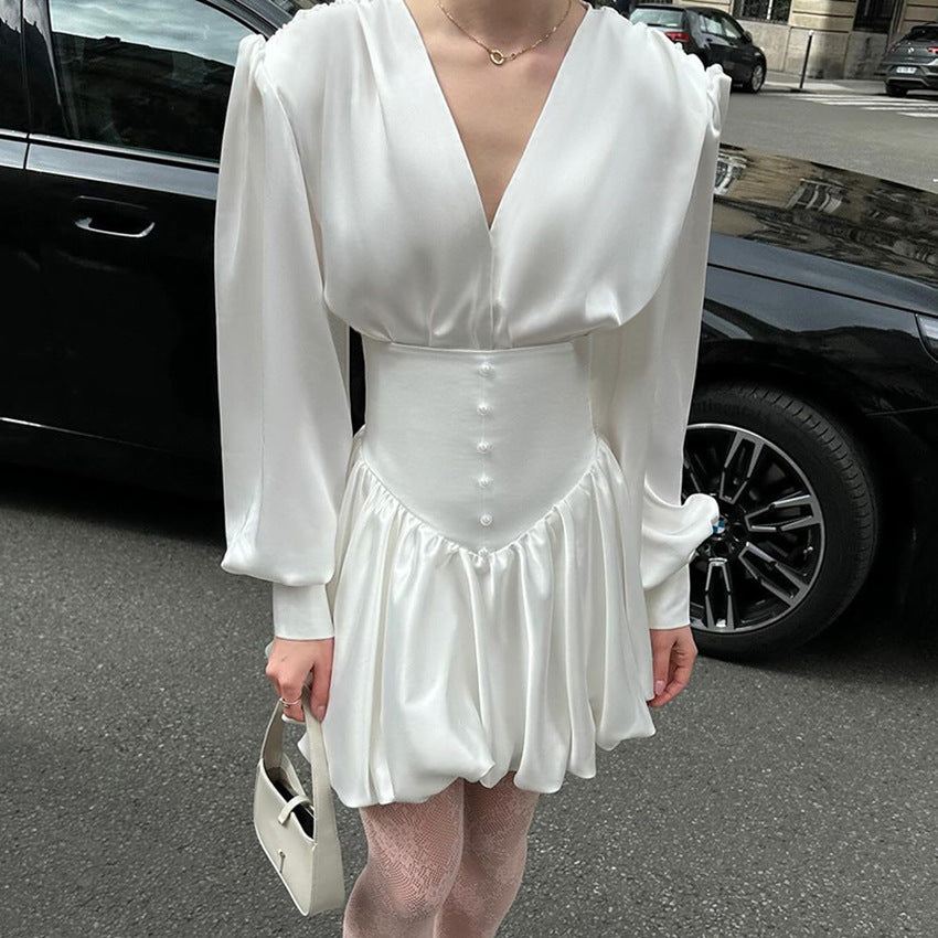 pop culture dress to impress French Court Style Satin Lantern Sleeve Dress Women's 2024 Autumn and Winter White Elegant Pettiskirt High-Grade Women's Clothing