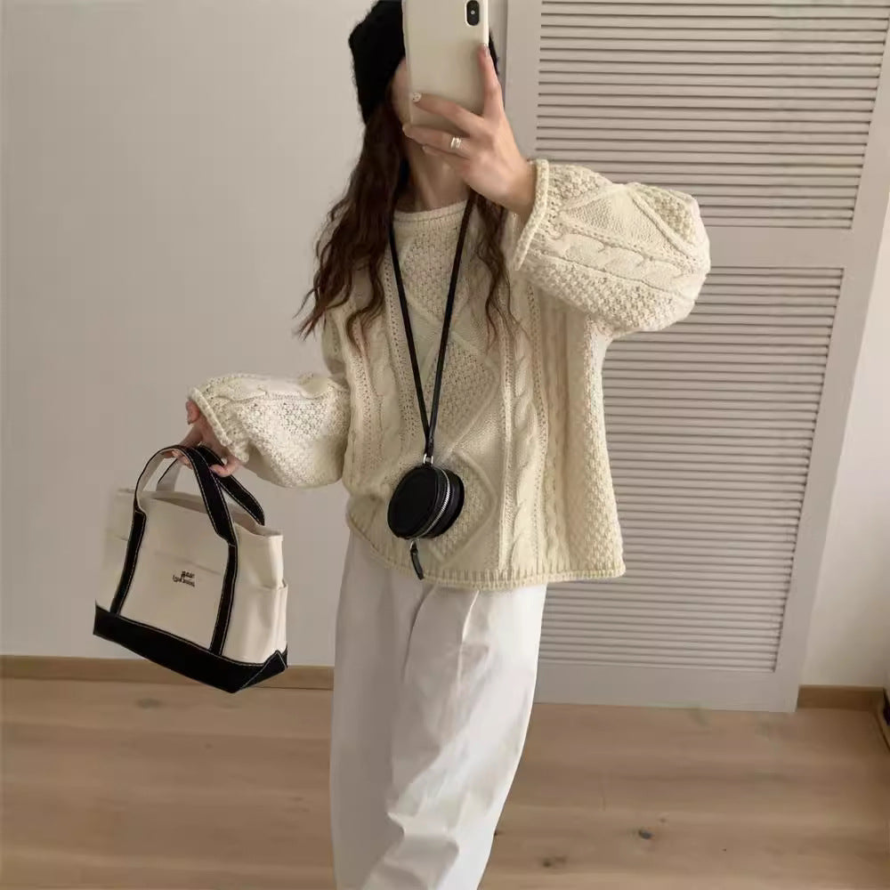 outfit inspo fall  Korean Style Retro Winter New Hemming Knitted Women's round Neck Twist Loose Lazy Style Pullover Sweater