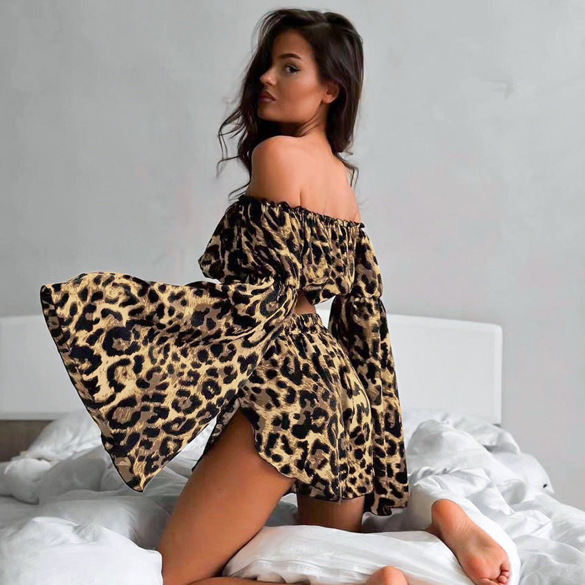 outfit ideas 2024 Summer New Leopard Print Sexy Printed Pajamas Women's Long-Sleeved off-Shoulder Shorts Two-Piece Home Wear