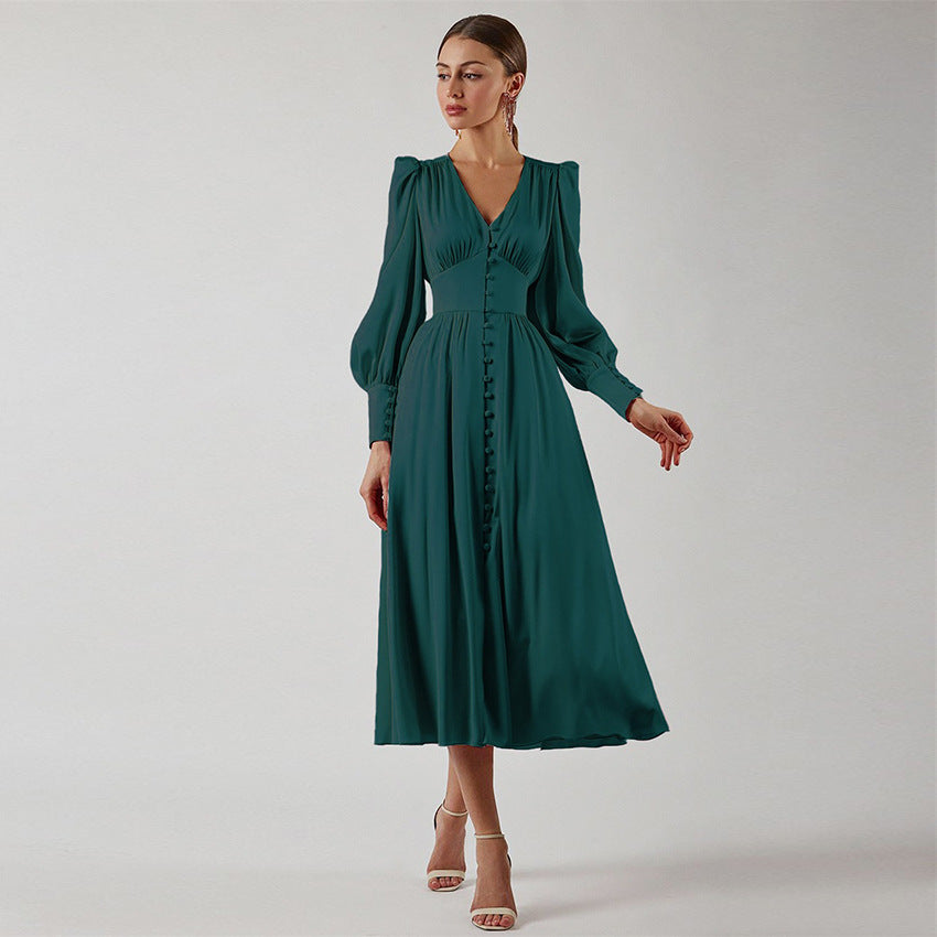 pop culture dress to impress 2024 Autumn and Winter Women's Long Dress V-neck Satin Court Waist-Tight Retro Dress Women