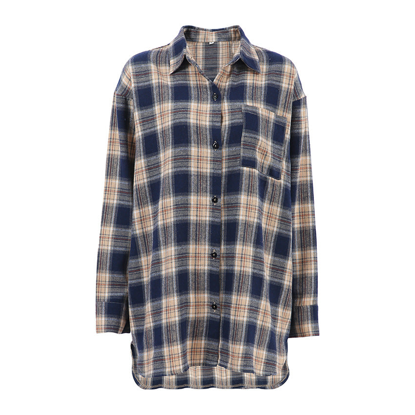 outfit inspo Casual Contrast Color Plaid Shirt Women's 2024 Autumn Oversize Loose Mid-Length Cardigan Shirt