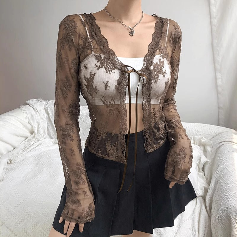 90s fashion Retro Lace Jacquard Lace-up Long-Sleeved Cardigan Summer Short Women's Sexy See-through Dress Outer Blouse Top