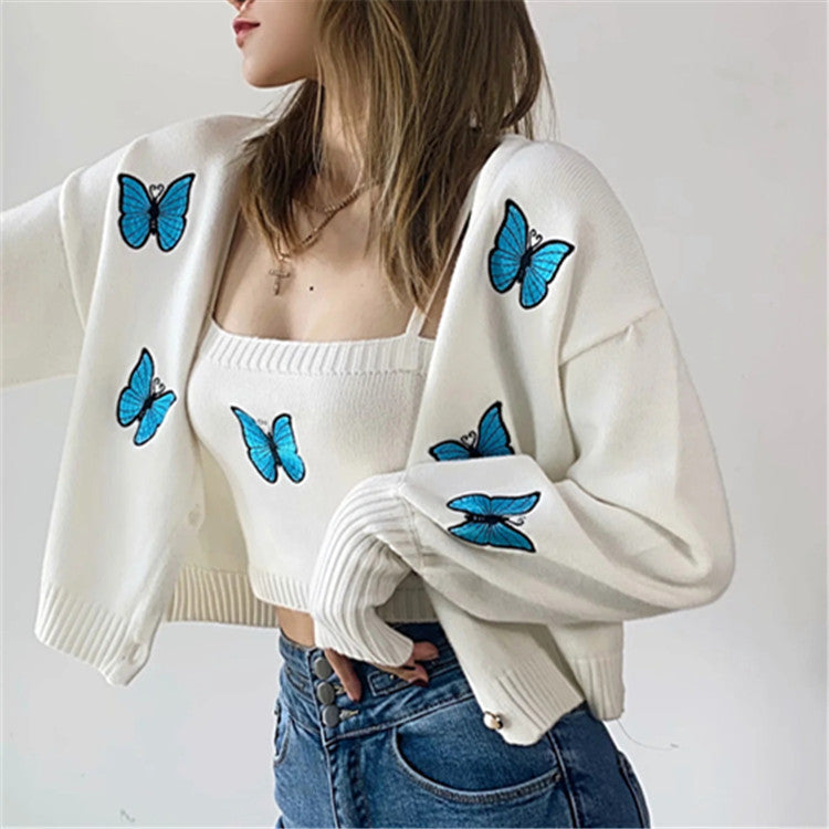 2000s fashion 2024 Autumn and Winter New Casual Short Butterfly Embroidered Lantern Sleeve Knitted Sweater Cardigan Coat