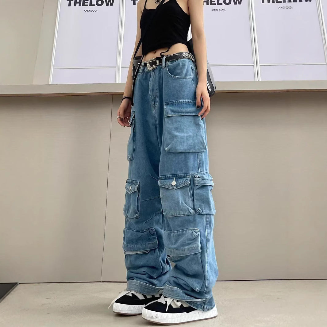 barn jacket outfits Women's Fashion All-Match Jeans Zipper Light Color Washed Overalls Trousers Simple New