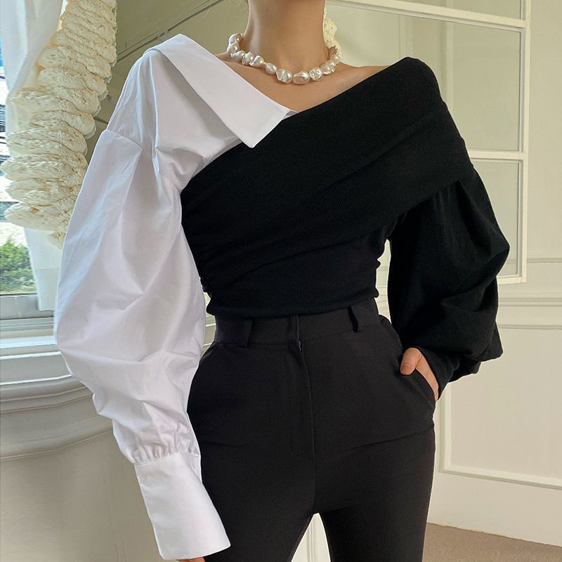 fashion inspo Chicv Collar off-the-Shoulder Contrast Color Stitching Puff Sleeve Top Women's Fashionable Shirt for Autumn and Winter 2024