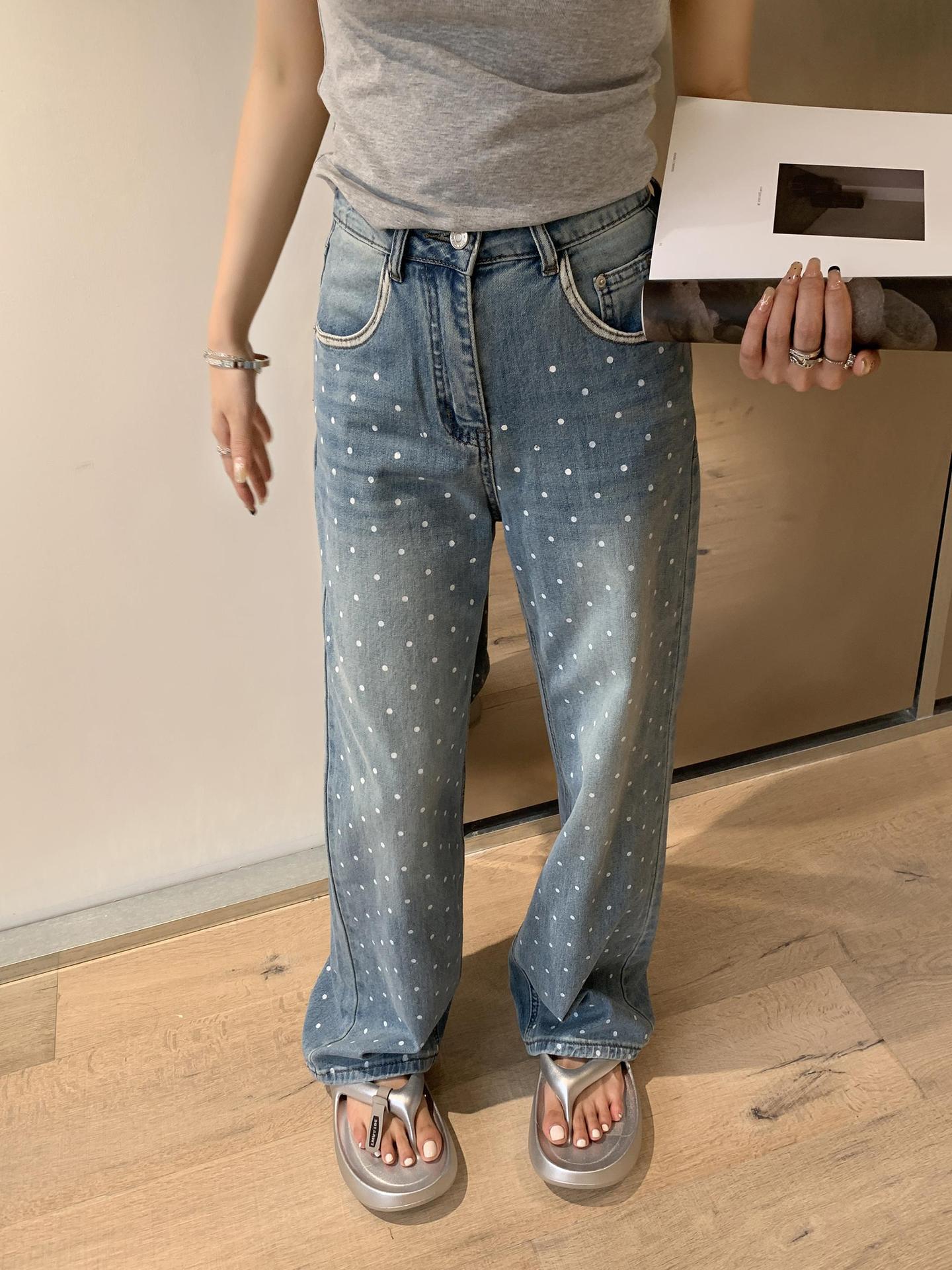 dti outfits Retro Small Polka Dot Straight Jeans Women's Thin Summer New Loose Trousers Blue Wide Leg Pants