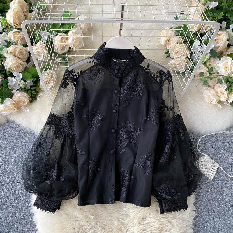 music video dress to impress French Style Retro Mesh Lace Top Women's Stand Collar Three-Dimensional Embroidered Puff Sleeve Court Style Slim Fit Slimming Shirt Women