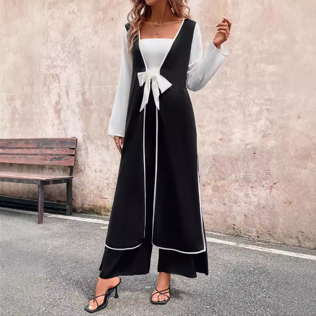 uniforms dress to impress Women's Fashionable Casual Long Contrast Color Cardigan Lace-up Side Slit Top Wide Leg Trousers Suit