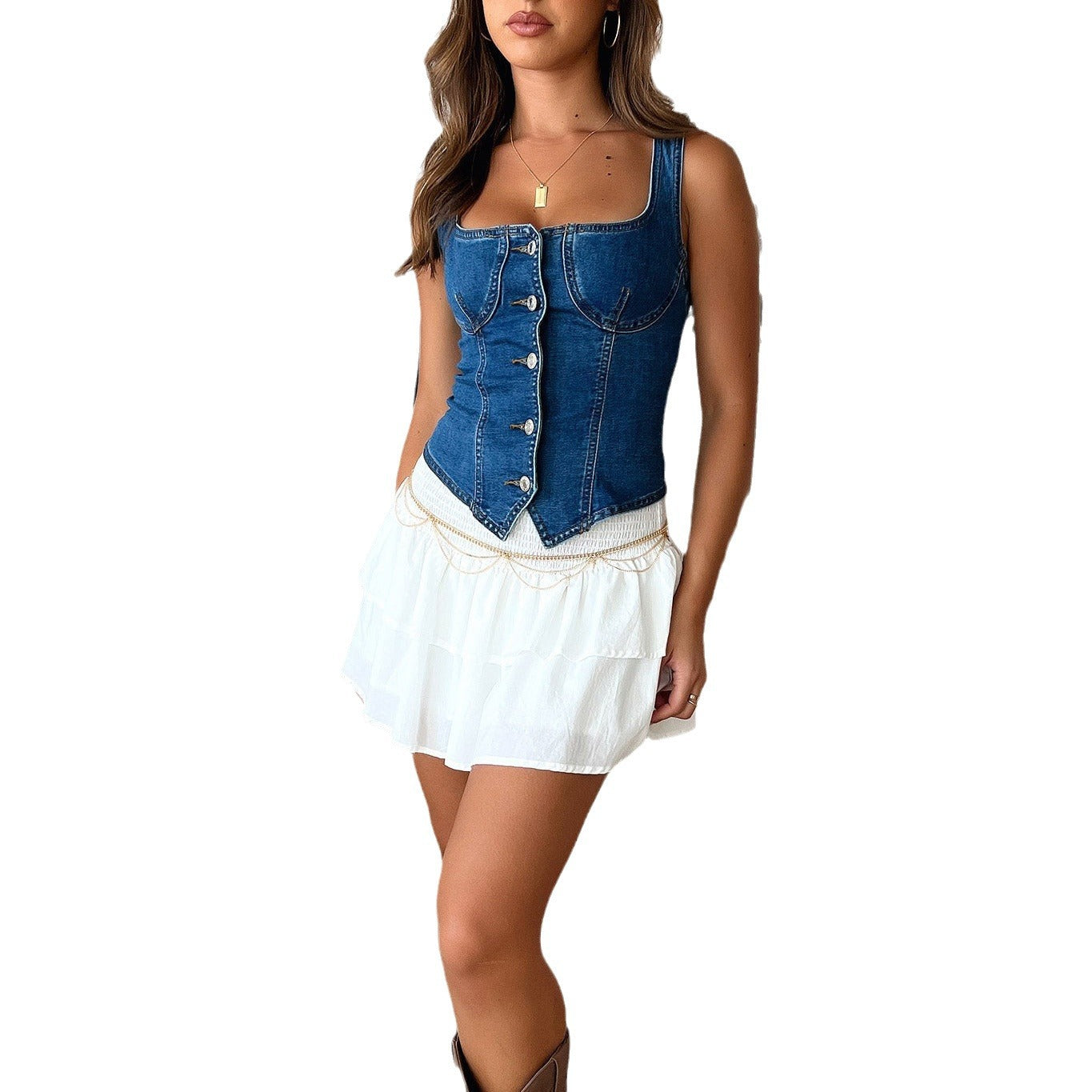 cowgirl outfits Women's New Dark Denim Small Vest Breasted Shoulder Strap Solid Color Sling Top Vest Hot Selling  