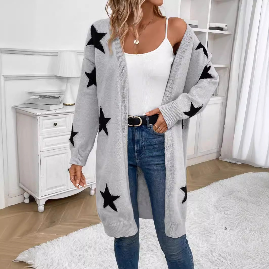 dream clothes 2024 Spring and Autumn New Star Knitted Cardigan Women's Mid-Length V-neck Fashion Sweater Coat