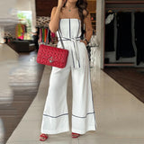 uniforms dress to impress Women's Fashion Elegant Short Sleeve Top Loose Trousers Shoulder Strap Line Print Jumpsuit