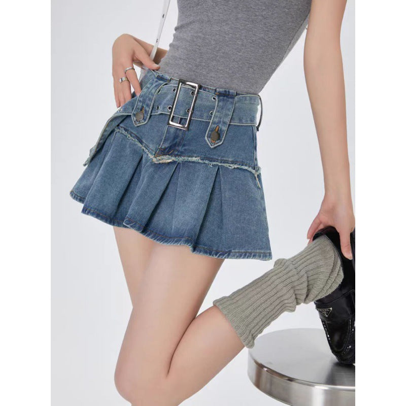 y2k outfits   High Waist Pleated Skirt Summer New Denim Short Skirt Hot Girl Slimming A- line Skirt