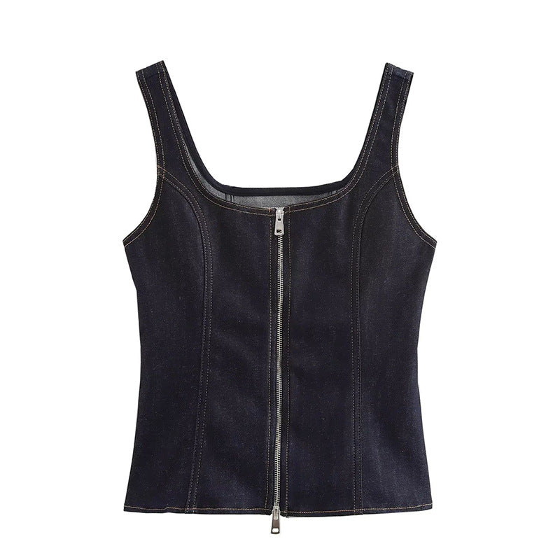 concert outfit  Women's New Style Slim Shoulder Strap Zipper Denim Vest Sleeveless Top  