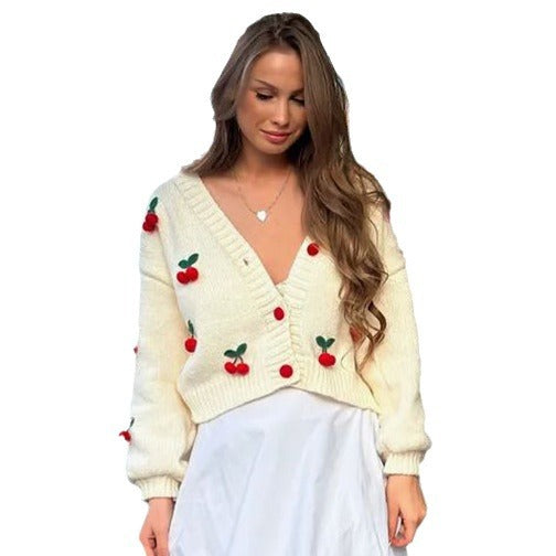 outfit inspo Cherry Three-Dimensional Decorative Cardigan Sweater Loose Women's Fashion All-Match V-neck Autumn Outer Wear High-Grade Women's Sweater