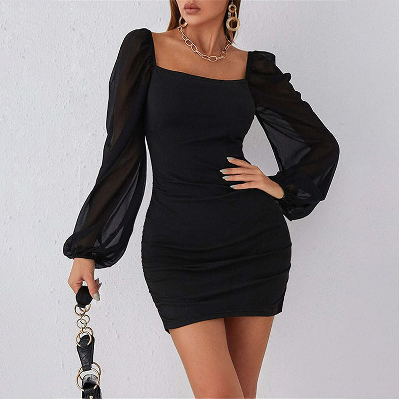 jester dress to impress Square Collar Sexy Elegant Hip Skirt Women's Mesh Stitching Long Sleeve Pleated Slim Fit Dress Women