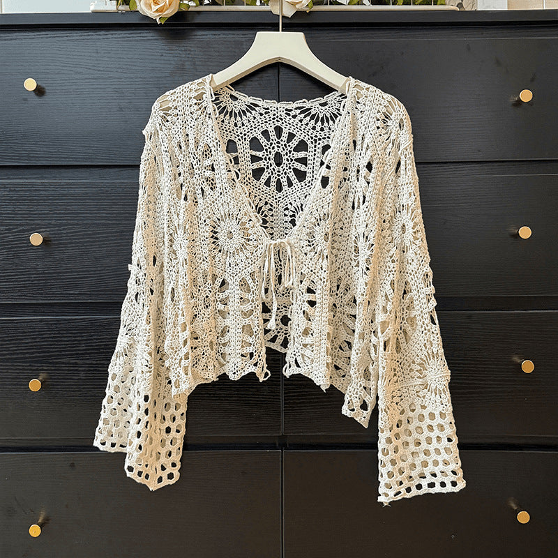 outfit inspo Bohemian Ethnic Style Hollow-out Crocheted Thin Long-Sleeved Knitted Cardigan Women's Summer Lace-up Top   