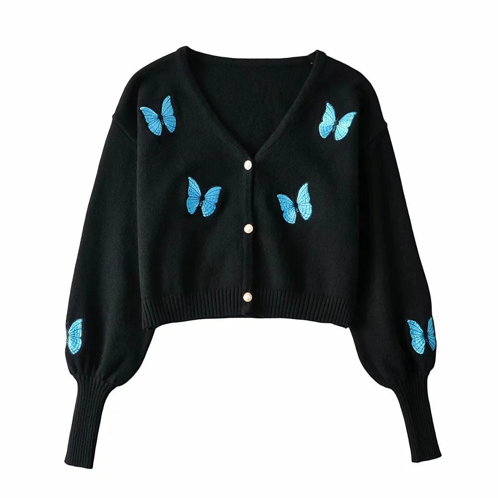 2000s fashion 2024 Autumn and Winter New Casual Short Butterfly Embroidered Lantern Sleeve Knitted Sweater Cardigan Coat