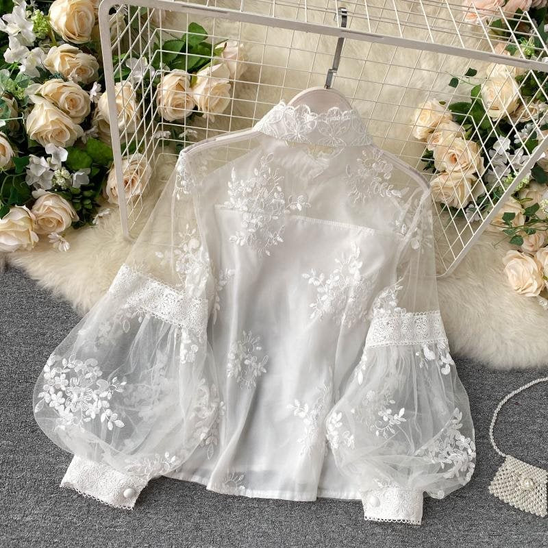 music video dress to impress French Style Retro Mesh Lace Top Women's Stand Collar Three-Dimensional Embroidered Puff Sleeve Court Style Slim Fit Slimming Shirt Women