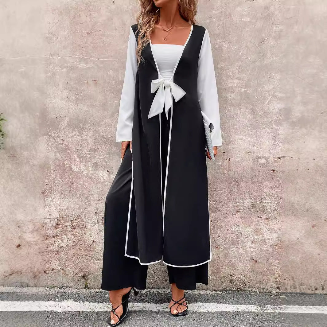 uniforms dress to impress Women's Fashionable Casual Long Contrast Color Cardigan Lace-up Side Slit Top Wide Leg Trousers Suit