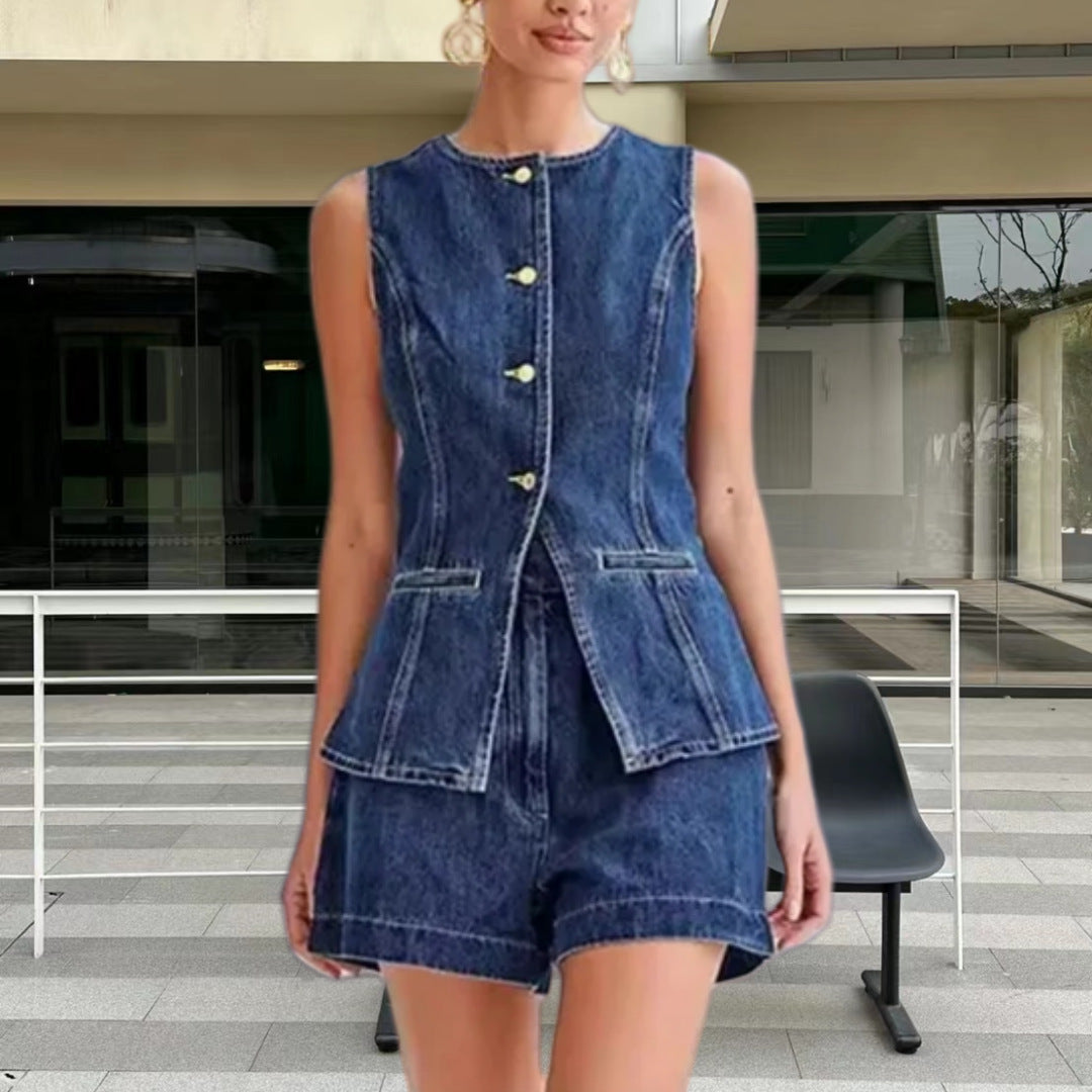 outfit inspo 2024 New Fashion Casual Single-Breasted Sleeveless Top High Waist Shorts Denim Suit