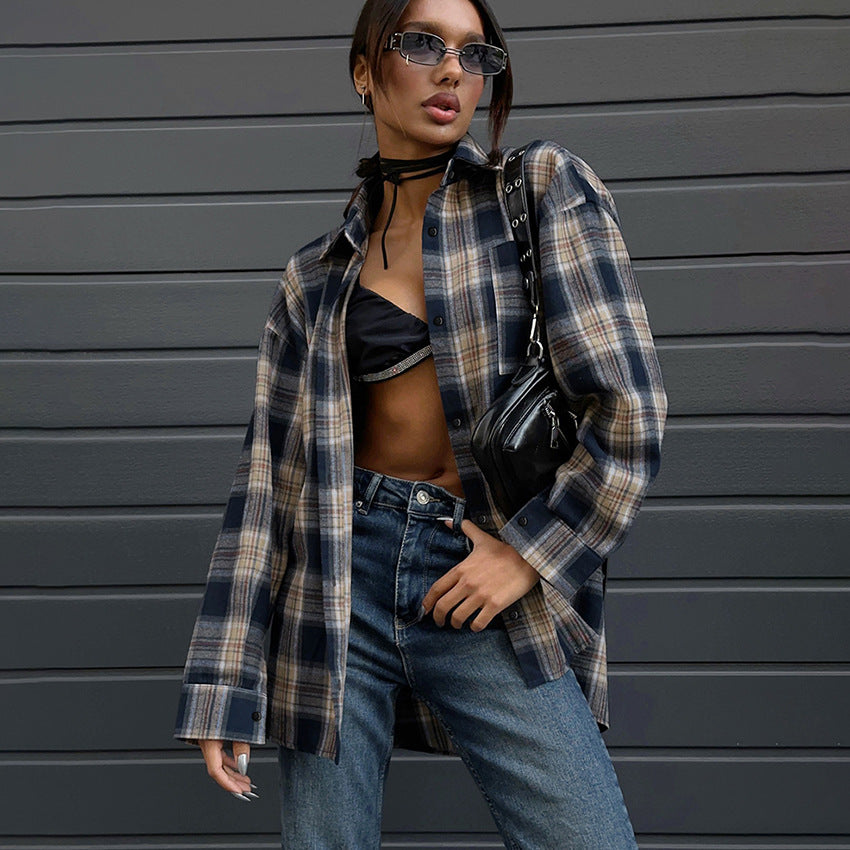 outfit inspo Casual Contrast Color Plaid Shirt Women's 2024 Autumn Oversize Loose Mid-Length Cardigan Shirt