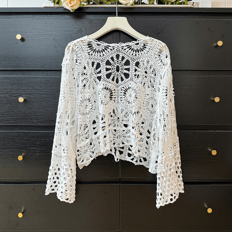 outfit inspo Bohemian Ethnic Style Hollow-out Crocheted Thin Long-Sleeved Knitted Cardigan Women's Summer Lace-up Top   