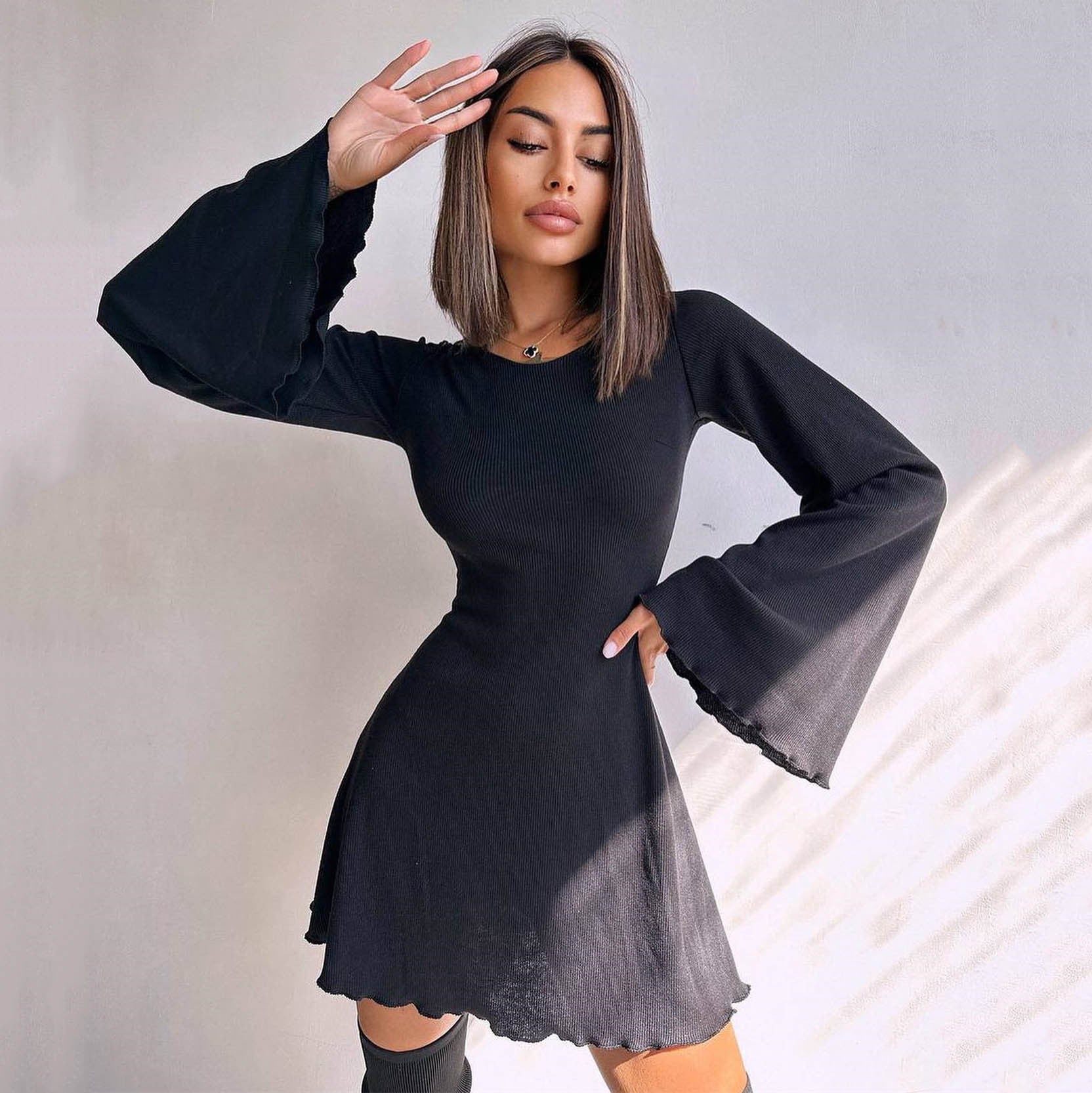 outfit inspo New Sexy Long Sleeve round Neck Dress Women's Autumn and Winter Solid Color Bell Sleeve Hollow Strap A- line Short Skirt for Women