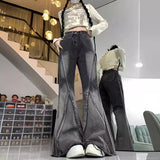 concert outfit High Street Black and Gray Fashionable Gradient Jeans Men's and Women's American Retro Niche Mid-Waist Frayed Flared Pants