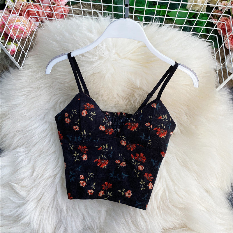 outfit inspo Small Floral V-neck Short Sexy Tube Top off-the-Shoulder Slim Inner Strap Sleeveless Wrapped Chest Vest Outer Top for Women