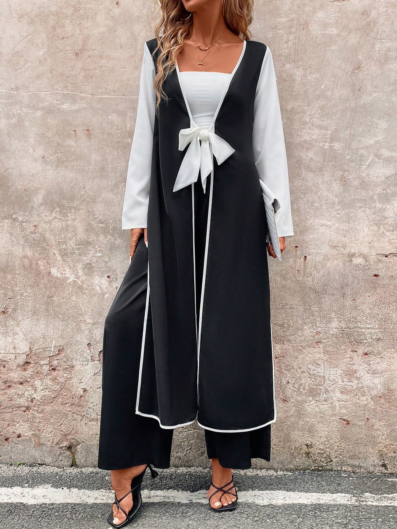 uniforms dress to impress Women's Fashionable Casual Long Contrast Color Cardigan Lace-up Side Slit Top Wide Leg Trousers Suit