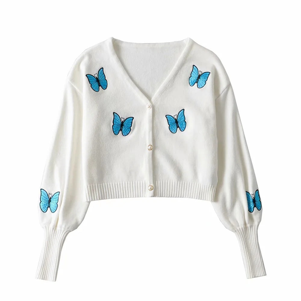 2000s fashion 2024 Autumn and Winter New Casual Short Butterfly Embroidered Lantern Sleeve Knitted Sweater Cardigan Coat