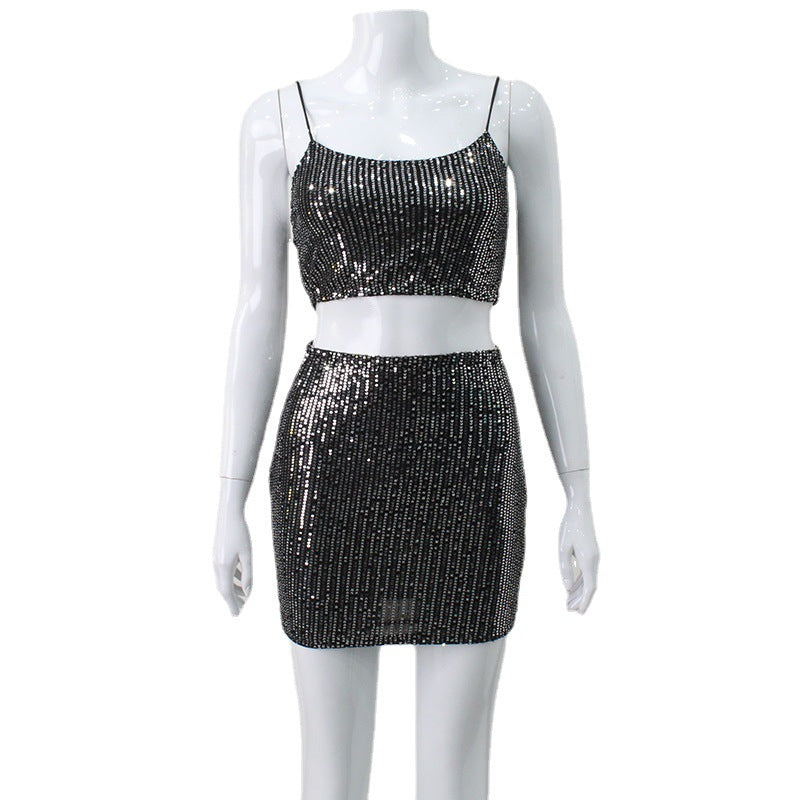 dti outfits Women's Super Shiny Sequined Tube Top Strap Hot Girl Suit Skirt Navel Sexy Two-Piece Suit