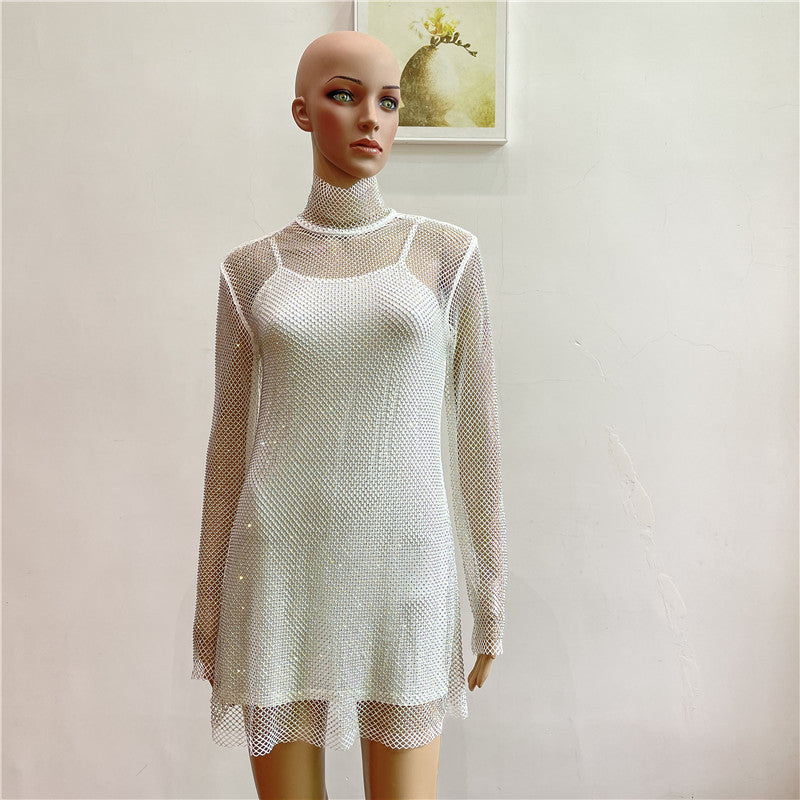 avant garde dress to impress Sexy Turtleneck Hot Drilling AB Color Diamond Shiny Perspective Grid Dress New Party Dress