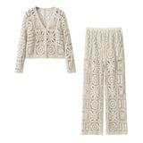 outfit inspo 2024 Spring New Women's Hollow Crocheted Beige Long-Sleeved Knitted Cardigan + Casual Pants Suit