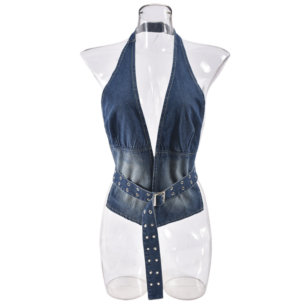 outfit inspo  Hot Girl Style Women's Clothing 2024 Summer New Denim Washed Sexy plus Adjustable Top