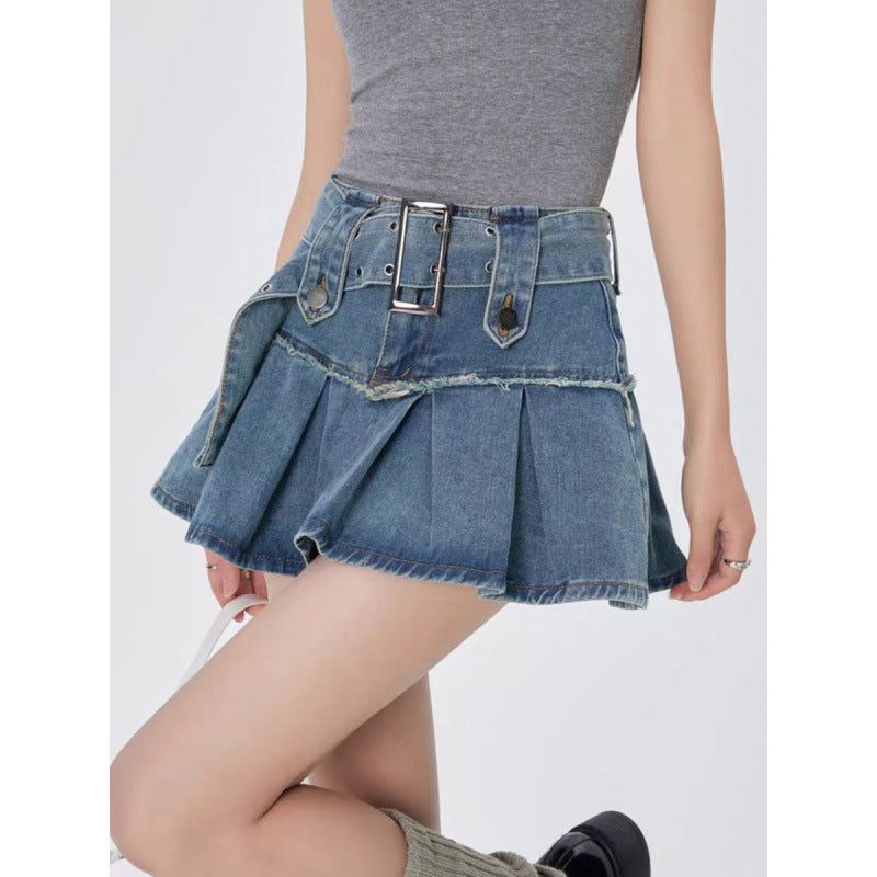 y2k outfits   High Waist Pleated Skirt Summer New Denim Short Skirt Hot Girl Slimming A- line Skirt