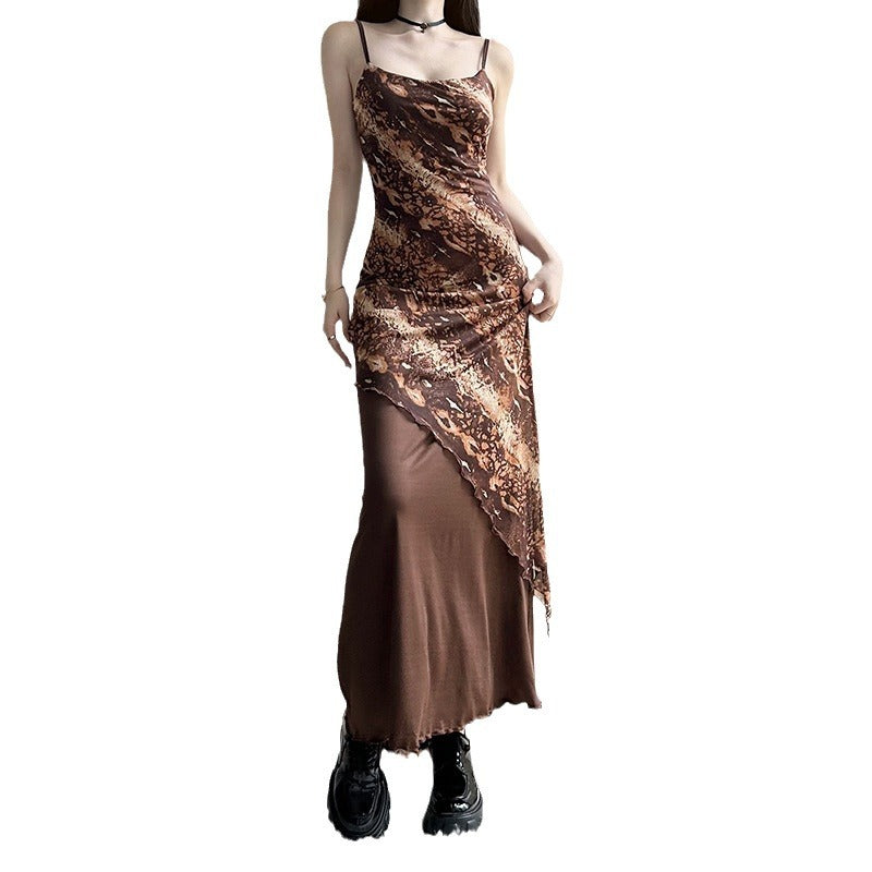 cybergoth dress to impress   Brown Quicksand Print Irregular Stitching Mesh Suspender Skirt Elegant White Niche Design Dress