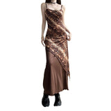 cybergoth dress to impress   Brown Quicksand Print Irregular Stitching Mesh Suspender Skirt Elegant White Niche Design Dress