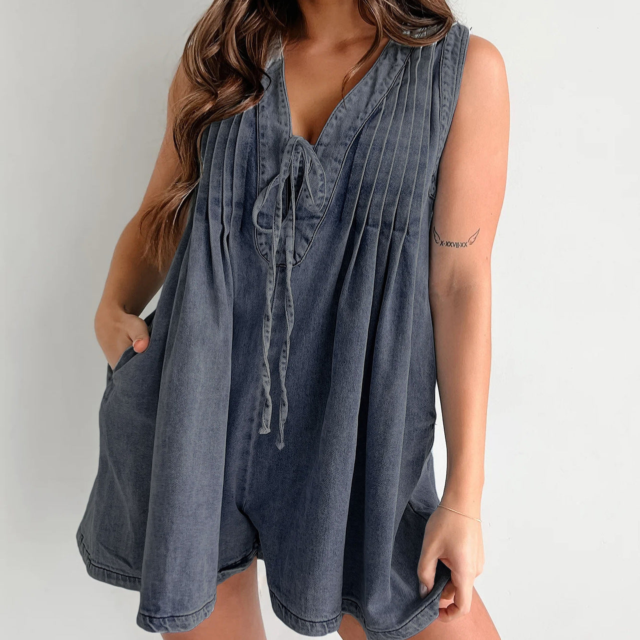 country concert outfit Summer 2024 New Street Hipster Sleeveless Short-Sleeved Shorts Denim Jumpsuit