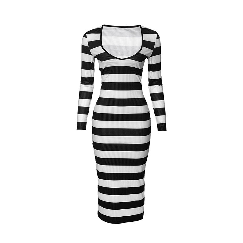 hipster dress to impress  2024 Spring New Fashion Striped Long Sleeve V-neck Slim High Waist Long Dress