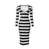 hipster dress to impress  2024 Spring New Fashion Striped Long Sleeve V-neck Slim High Waist Long Dress