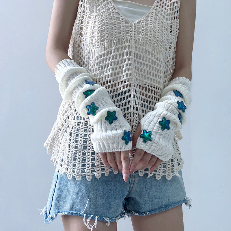 2000s fashion Japanese Girl Star Millennium Y2g Hot Girl Five-Pointed Star Knitted Open Finger Warm Gloves Autumn and Winter Oversleeves Tide