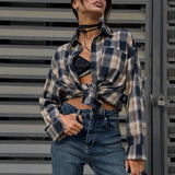 outfit inspo Casual Contrast Color Plaid Shirt Women's 2024 Autumn Oversize Loose Mid-Length Cardigan Shirt