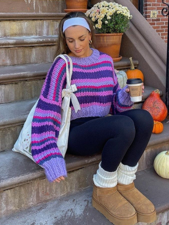 2000s fashion Autumn and Winter New Striped Sweater Sweater round Neck Long Sleeve Loose Casual Pullover Sweater Top